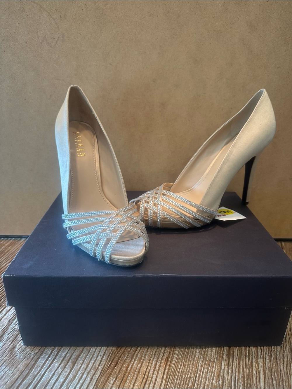 Lauren Ralph Lauren Champagne Satin Open-Toe Stiletto Heels with Crystal Straps